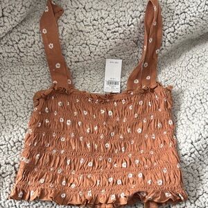 American Eagle Outfitters Floral Smocked Tan Crop Top